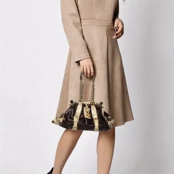 Vintage Versace Brown/Cream Croc EmbossedLeather Madonna Satchel NWT - Picture 6 of 12